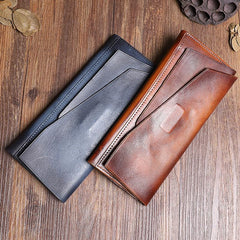 Handmade Leather Gray Mens Cool Long Leather Wallet Brown Unique Long Wallet for Men - imessengerbags