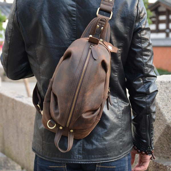 Handmade Leather Mens Cool Chest Bag Sling Bag Crossbody Bag Travel Bag Hiking Bag for men - imessengerbags