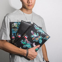 Handmade Leather Mens Clutch Birds Cool Slim Wallet Zipper Clutch Wristlet Wallet for Men