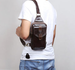 Genuine Leather Mens Cool Chest Bag Sling Bag Crossbody Bag Travel Bag Hiking Bag for men