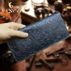 Handmade Leather Floral Mens Cool Travel Long Wallet Card Holder Card Slim Clutch Wallets for Men - imessengerbags