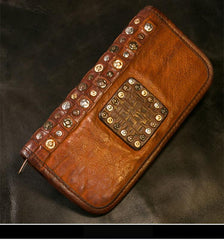 Handmade Leather Mens Chain Biker Wallet Cool Leather Wallet Long Phone Wallets for Men