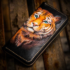 Handmade Leather Men Tooled Tiger Cool Leather Wallet Long Phone Clutch Wallets for Men - imessengerbags
