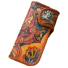 Handmade Mens Tooled God Mahakala Leather Chain Wallet Biker Trucker Wallet with Chain
