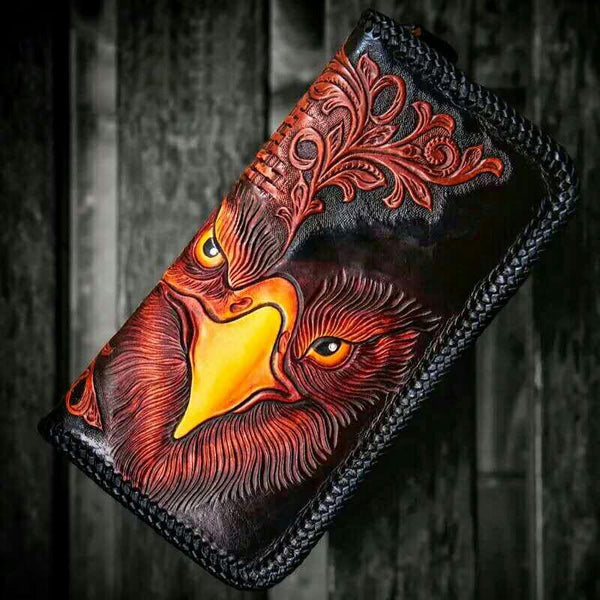Handmade Leather Men Tooled Eagle Cool Leather Wallet Long Phone Clutch Wallets for Men - imessengerbags