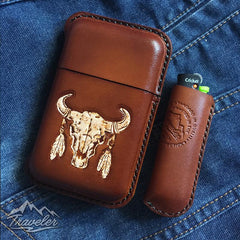 Brown Leather Mens Engraved Skull Cigarette Holder Case Vintage Custom Cigarette Case for Men - imessengerbags