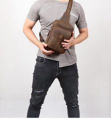 Genuine Leather Mens Cool Chest Bag Sling Bag Crossbody Bag Travel Bag Hiking Bag for men