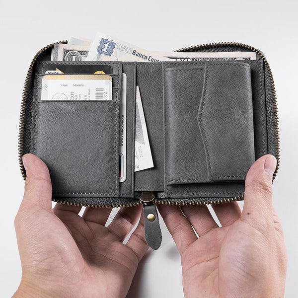 Handmade Leather Mens Cool Slim Leather Zipper Wallet Men Small Wallets Bifold for Men - imessengerbags
