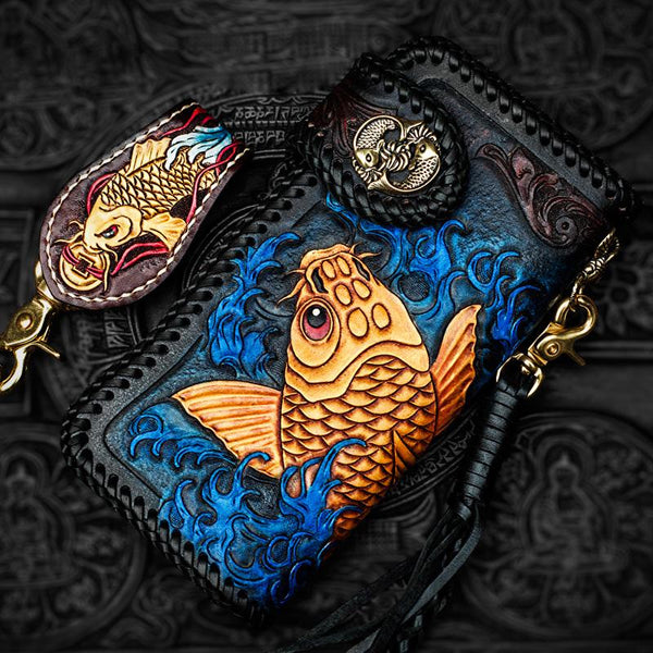 Handmade Leather Tooled Carp Mens Chain Biker Wallet Cool Leather Wallet Long Phone Wallets for Men - imessengerbags