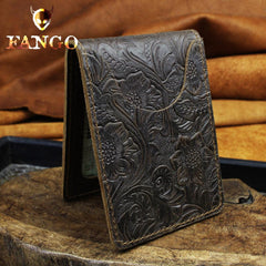 Handmade Leather Floral Mens License Wallets Cool Short Wallet Card Holder Small Card Slim Wallets for Men