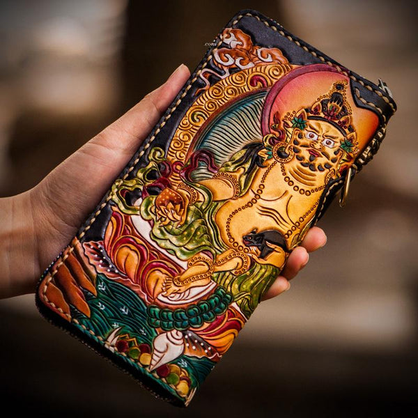 Handmade Leather Tooled Yellow Jambhala Mens Chain Biker Wallet Cool Leather Wallet Zipper Long Phone Wallets for Men - imessengerbags