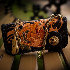 Handmade Leather Tooled Prajna Mens Chain Biker Wallet Cool Leather Wallet With Chain Wallets for Men - imessengerbags