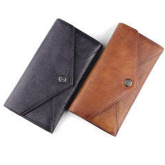 Handmade Leather Mens Cool Long Leather Wallet Bifold Envelope Clutch Wallet for Men