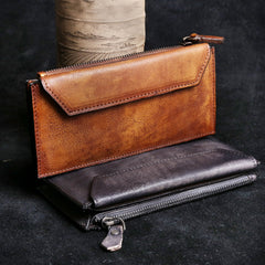 Genuine Leather Mens Cool Long Leather Wallet Card Wallet Clutch Wristlet Wallet for Men - imessengerbags