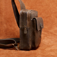 Genuine Leather Mens Cool Chest Bag Sling Bag Crossbody Bag Travel Bag Hiking Bag for men