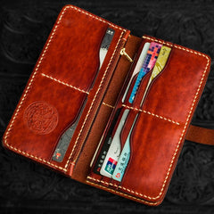 Handmade Leather Men Tooled Chinese Lion Cool Leather Wallet Long Phone Wallets for Men - imessengerbags