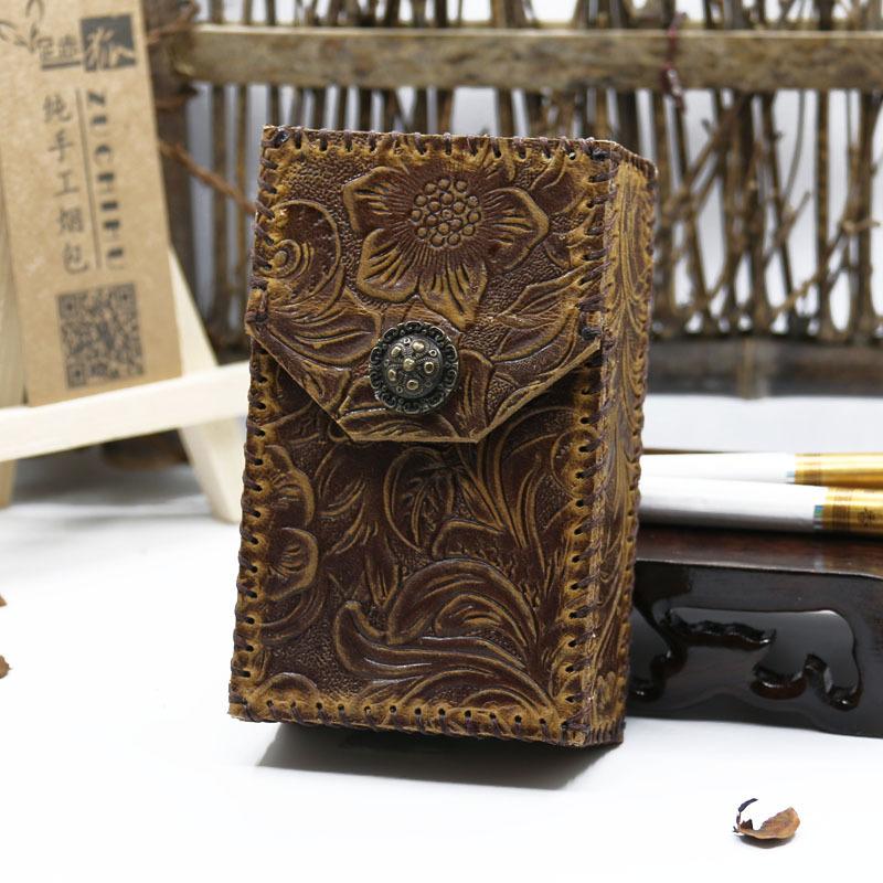 Cool Leather Mens Engraved Floral Handmade Cigarette Holder Case for Men