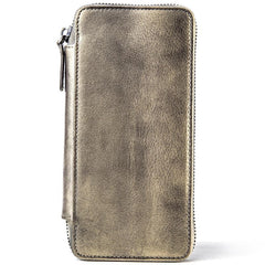 Handmade Leather Mens Cool Long Leather Wallet Bifold Zipper Clutch Wallet for Men