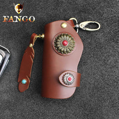 Handmade Leather Floral Mens Cool Car Key Wallet Coin Wallet Pouch Car KeyChain for Men - imessengerbags