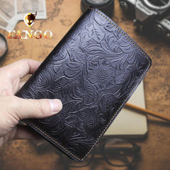 Handmade Leather Floral Mens Cool Travel Short Wallet Passport Card Holder Small Card Slim Wallets for Men - imessengerbags