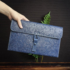Handmade Leather Floral Tooled Mens Clutch Cool Slim Wallet Zipper Clutch Wristlet Wallet for Men