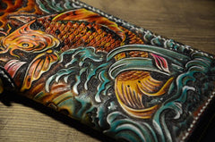 Handmade Leather Carp Mens Chain Biker Wallet Cool Leather Wallet Long Phone Wallets for Men