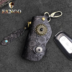 Handmade Leather Floral Mens Cool Car Key Wallet Coin Wallet Pouch Car KeyChain for Men - imessengerbags