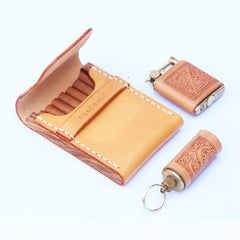 Cool Wooden Beige Leather Mens 7pcs Cigarette Case Custom Cigarette Holder for Men