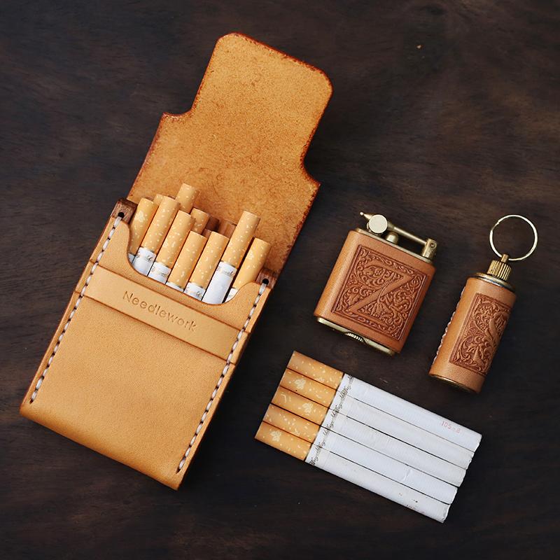 Handmade Wooden Leather Mens Cigarette Case Cool Beige Custom Cigarette  Holder for Men