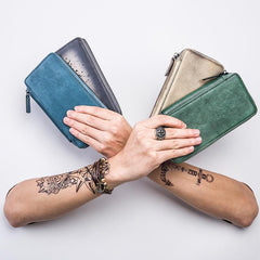 Handmade Leather Mens Cool Long Leather Wallet Bifold Zipper Clutch Wallet for Men