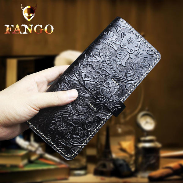 Handmade Leather Floral Mens Cool Travel Long Wallet Card Holder Card Slim Clutch Wallets for Men - imessengerbags