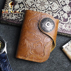 Handmade Leather Floral Mens Cool Short Wallet Card Holder Small Card Slim Wallets for Men - imessengerbags