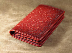 Handmade Leather Tooled Trifold Henna Floral Mens Long Wallet Cool Leather Wallet Clutch Wallet for Men - imessengerbags