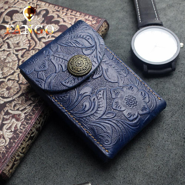 Handmade Leather Floral Mens Cool Short Wallet Card Holder Small Card Slim Wallets for Men - imessengerbags