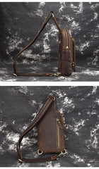 Vintage Mens Leather One Shoulder Backpacks Chest Bag Sling Bags Sling Crossbody Bags For Men