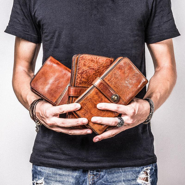 Handmade Leather Mens Cool Long Leather Wallet Bifold Clutch Wallet for Men - imessengerbags
