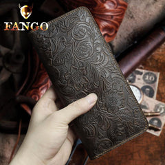Handmade Leather Floral Mens Cool Travel Long Wallet Card Holder Card Slim Clutch Wallets for Men - imessengerbags