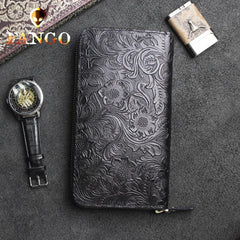 Handmade Leather Floral Mens Cool Travel Long Wallet Card Holder Card Slim Clutch Wallets for Men - imessengerbags