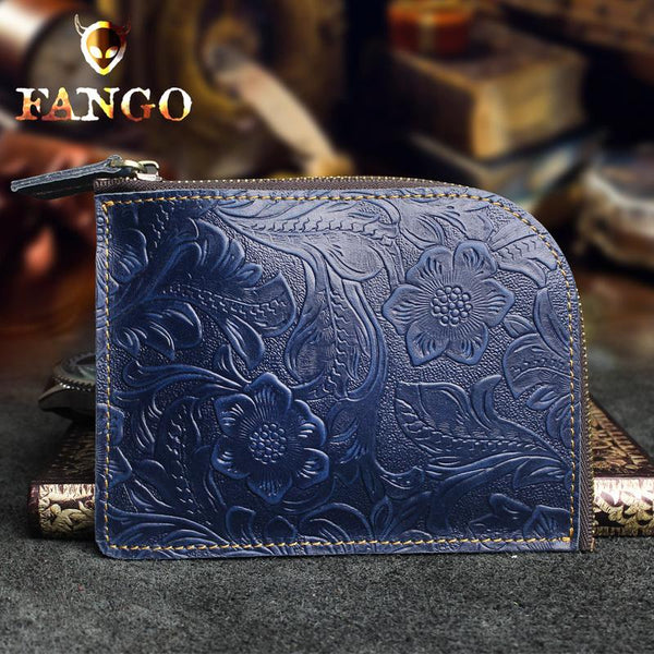 Handmade Leather Floral Mens Front Pocket Wallet Cool Slim Leather Wallet Men billfold Wallets Bifold for Men - imessengerbags
