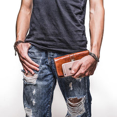 Handmade Leather Mens Cool Long Leather Wallet Bifold Clutch Wallet for Men