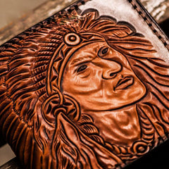 Handmade Leather Indian Chief Tooled Mens billfold Wallet Cool Leather Wallet Slim Wallet for Men - imessengerbags