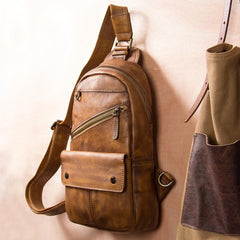 Leather Mens Cool Sling Bag Brown Crossbody Bag Chest Bag for men - imessengerbags
