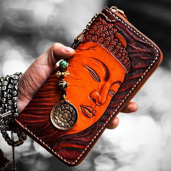 Handmade Leather Mens Tooled Buddha&Demon Chain Biker Wallet Cool Leather Wallet Long Clutch Wallets for Men - imessengerbags