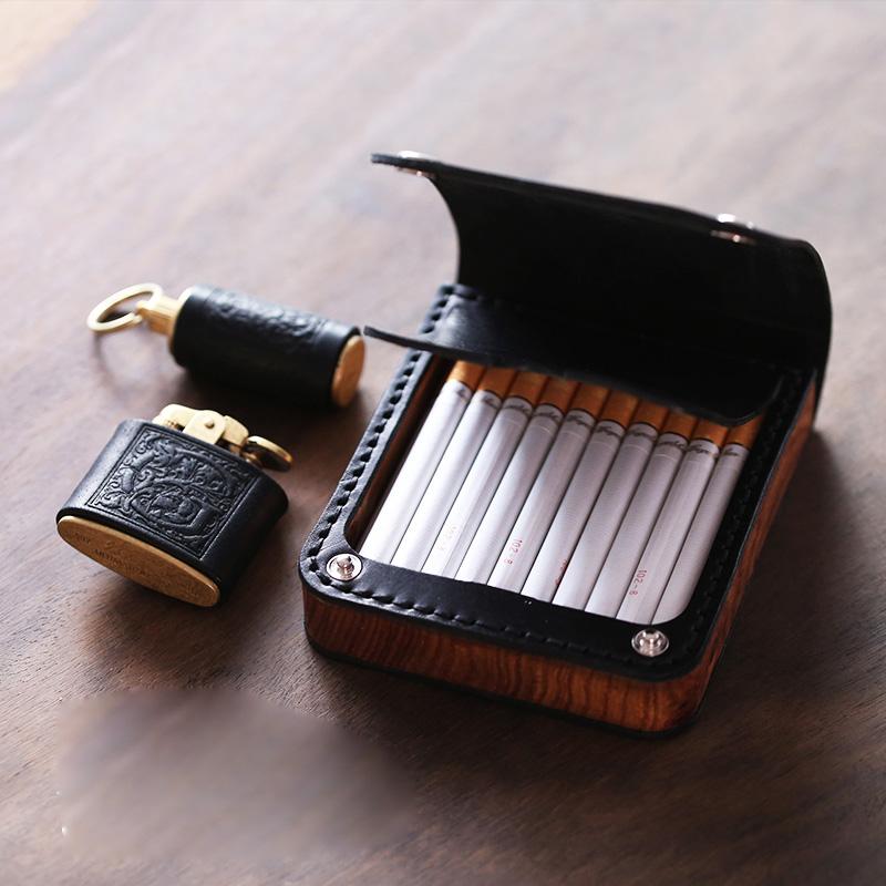 cigarette holder wood Handmade Wooden Black Leather Mens 20pcs Cigarette Case Cool Custom Cigarette  Holder for Men
