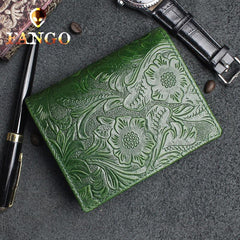 Handmade Leather Floral Mens Cool Slim Leather Wallet Men billfold Wallets Bifold for Men - imessengerbags