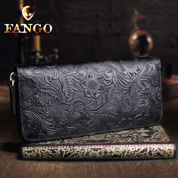 Handmade Leather Floral Mens Cool Travel Long Wallet Card Holder Card Slim Clutch Wallets for Men - imessengerbags