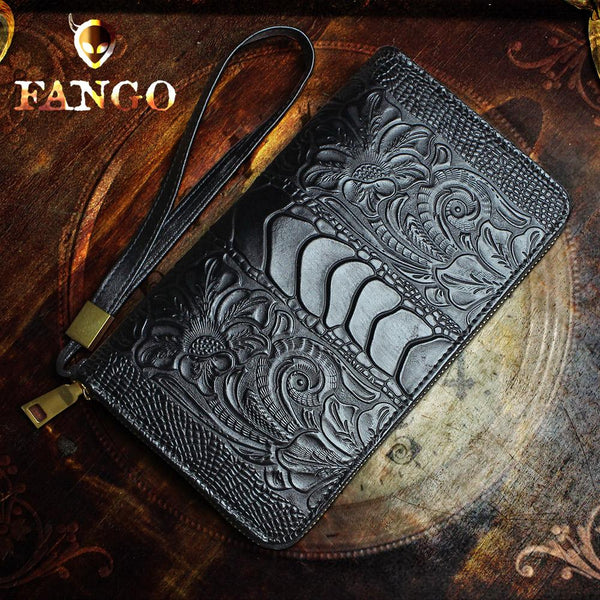 Handmade Leather Mens Tooled Floral Cool Zipper Phone Travel Long Wallet Card Holder Card Slim Clutch Wallets for Men - imessengerbags