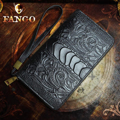 Handmade Leather Mens Tooled Floral Cool Zipper Phone Travel Long Wallet Card Holder Card Slim Clutch Wallets for Men - imessengerbags