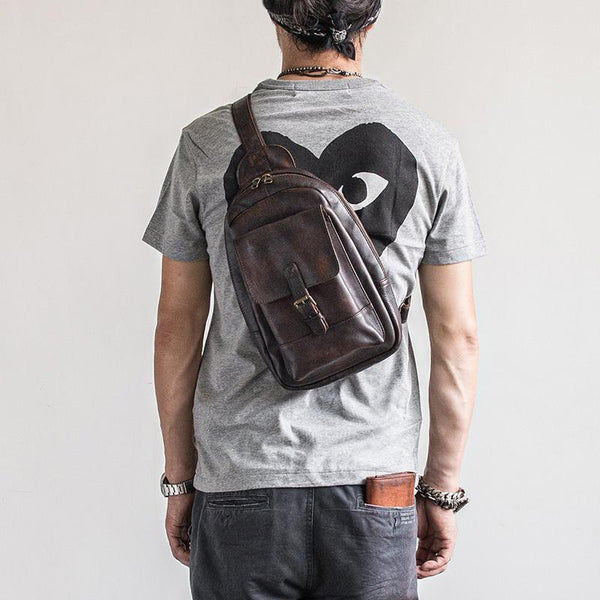 Genuine Leather Mens Cool Chest Bag Sling Bag Crossbody Bag Travel Bag Hiking Bag for men - imessengerbags