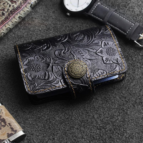 Handmade Leather Floral Mens Cool Short Wallet Card Holder Small Card Slim Wallets for Men - imessengerbags